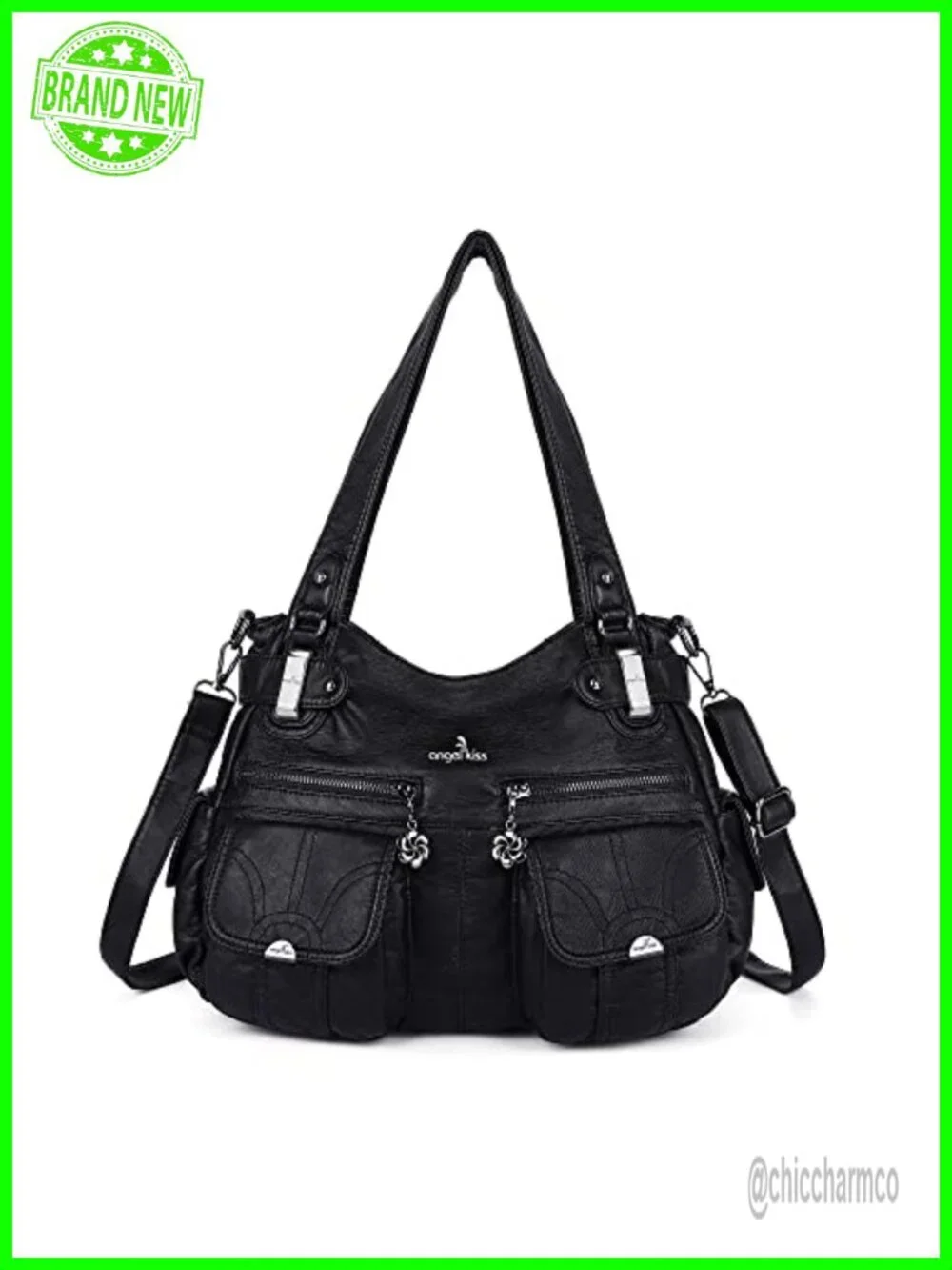 Washed Leather Satchel Handbag Double Zipper Multi Pocket Shoulder Purse